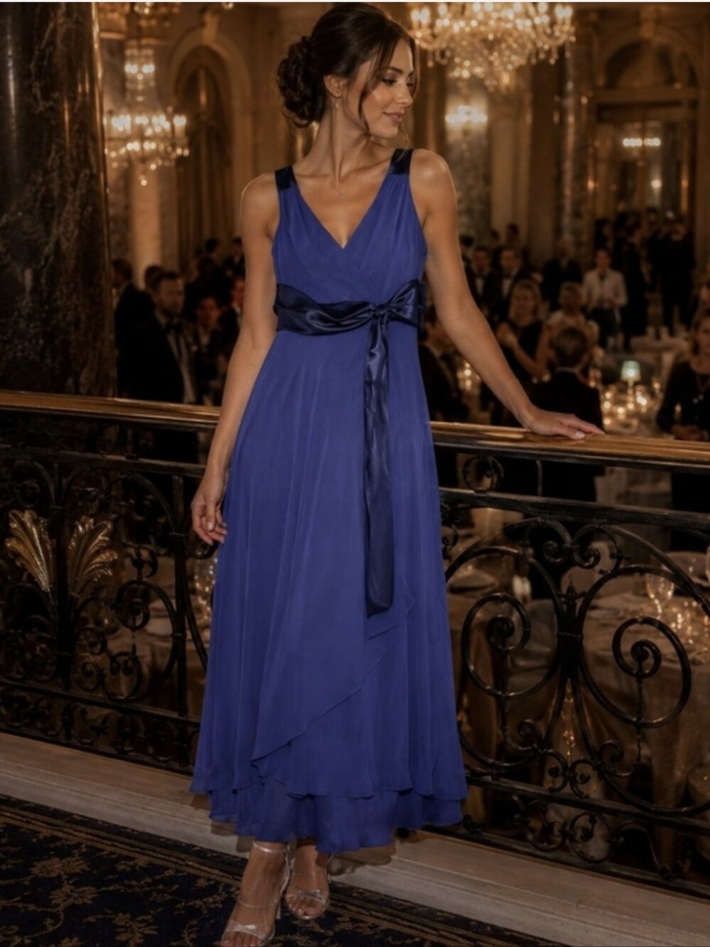 Evan Picone Royal Blue V-Neck Chiffon Maxi Dress with Satin Waist Tie